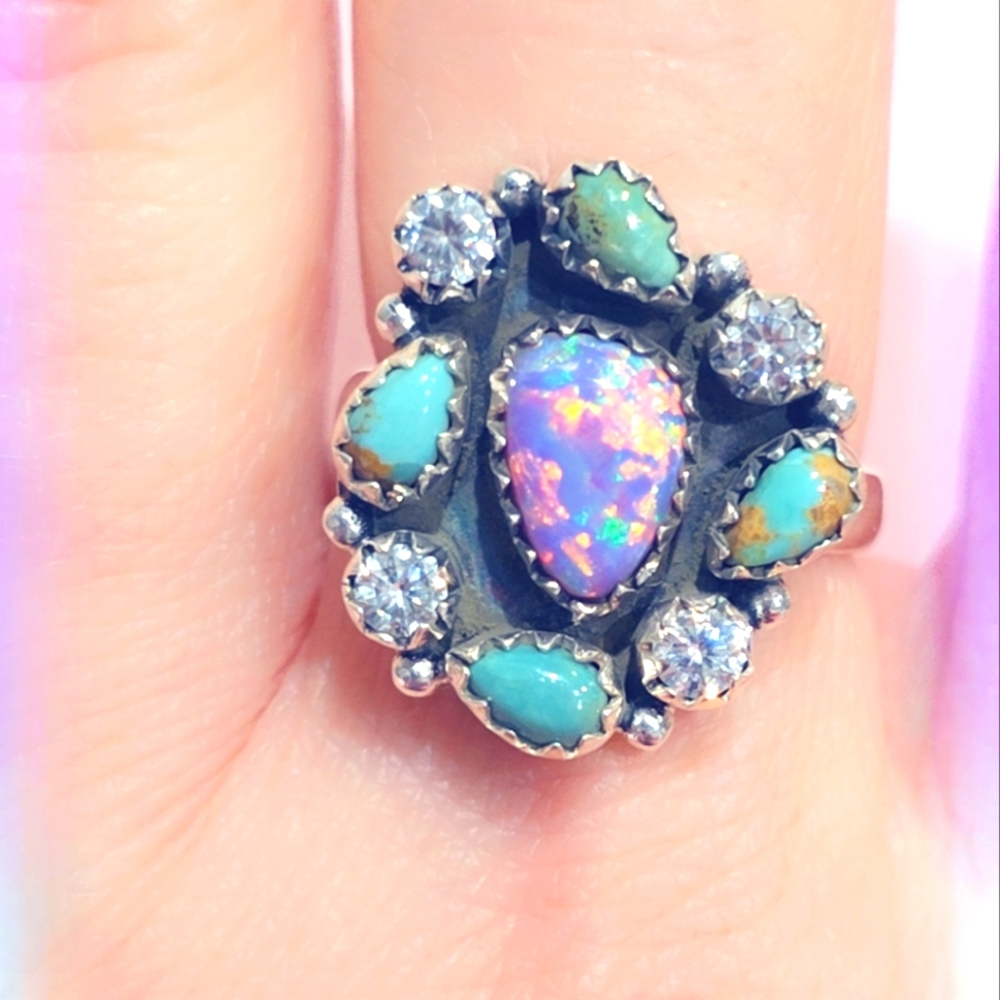 Opal, Turquoise & CZs Sterling Gemstone Ring